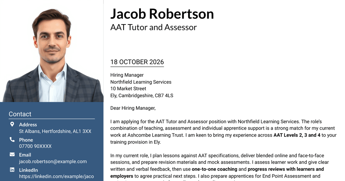 7 AAT Accountancy Tutor / Assessor Cover Letter Templates with Example
