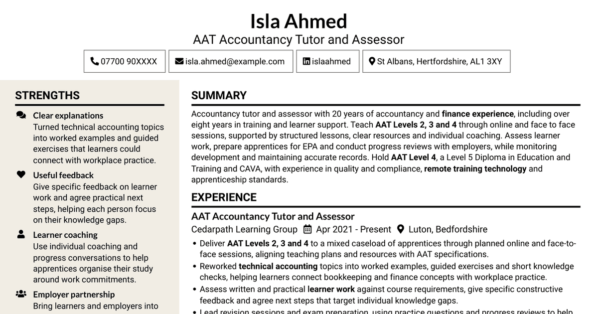 7 AAT Accountancy Tutor / Assessor CV Templates with Example