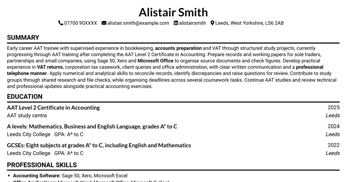 7 AAT Trainee - Accounts and Bookkeeping CV Templates with Example