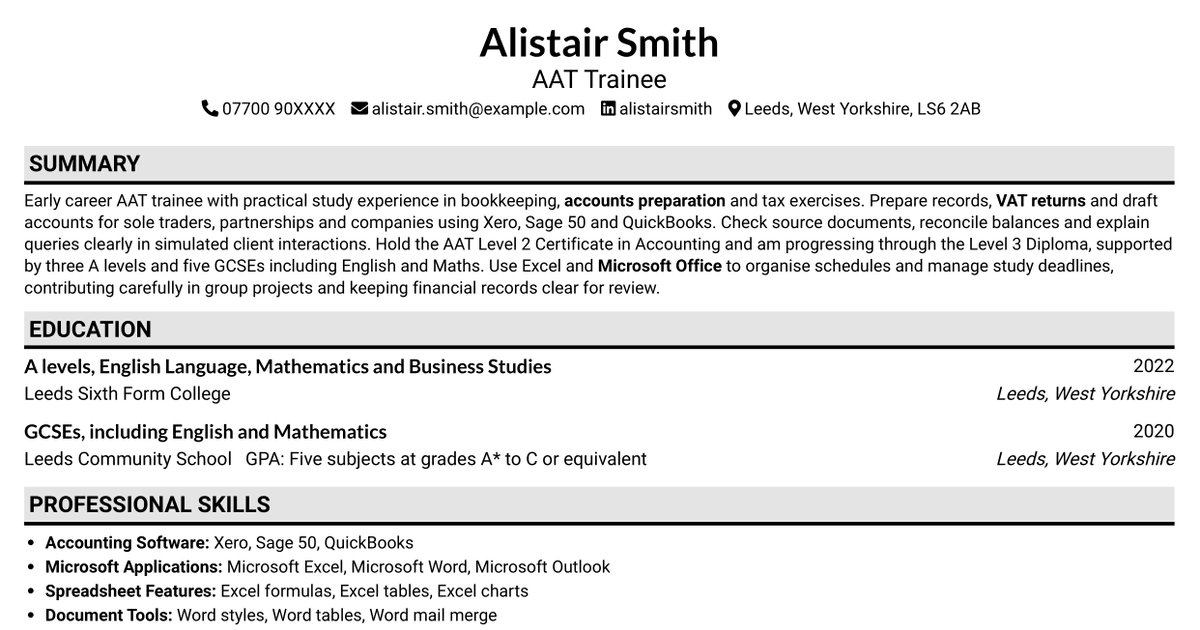 7 AAT Trainee - Accounts Preparation and Bookkeeping CV Templates with Example