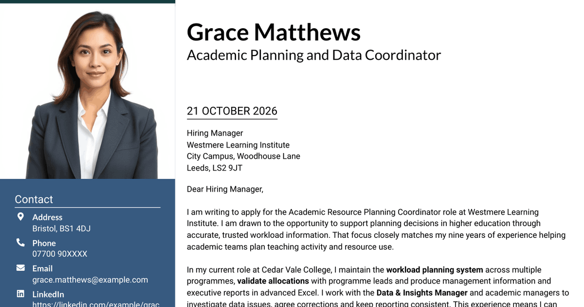 7 Academic Resource Planning Coordinator - Workload Data Cover Letter Templates with Example