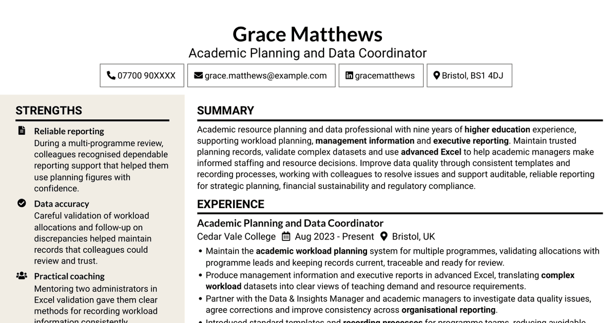 7 Academic Resource Planning Coordinator - Workload Data CV Templates with Example