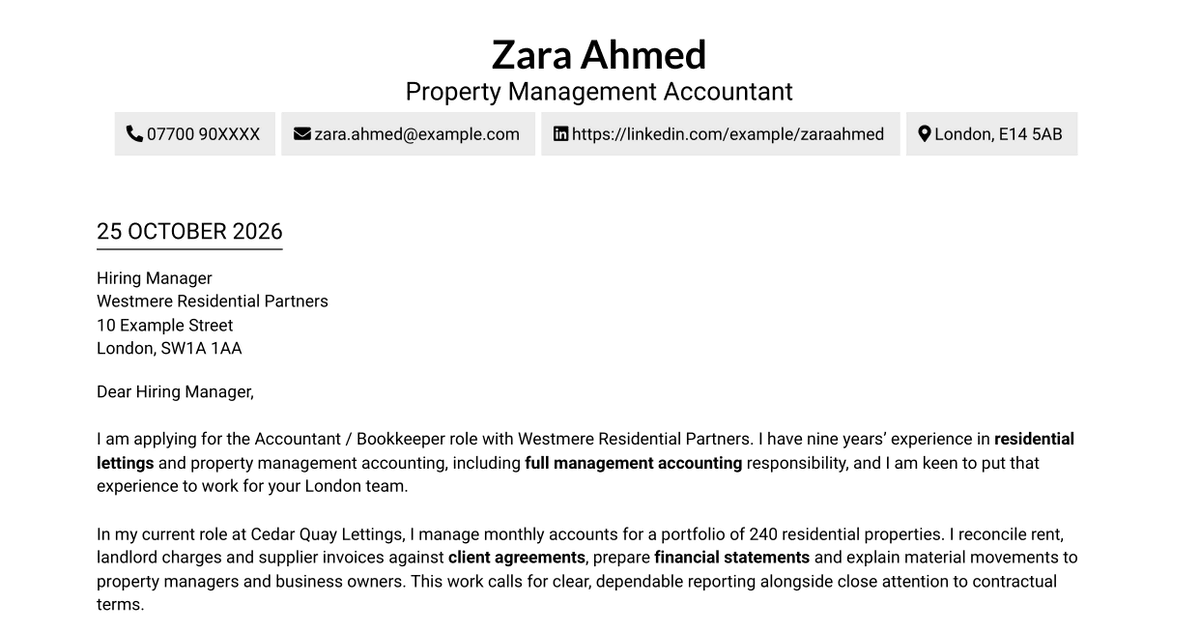 Accountant / Bookkeeper - Residential Property Management Accounts Cover Letter