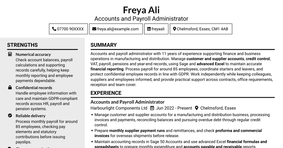 7 Accounts Administrator - Payroll and Finance CV Templates with Example
