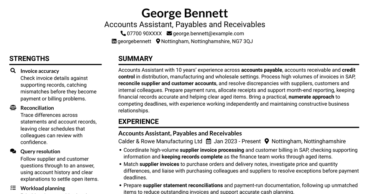 7 Accounts Assistant - Accounts Payable and Accounts Receivable CV Templates with Example