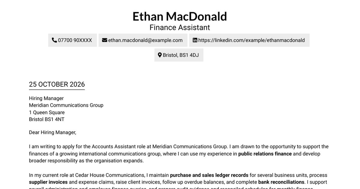 Accounts Assistant - Accounts Payable and Reconciliation Cover Letter