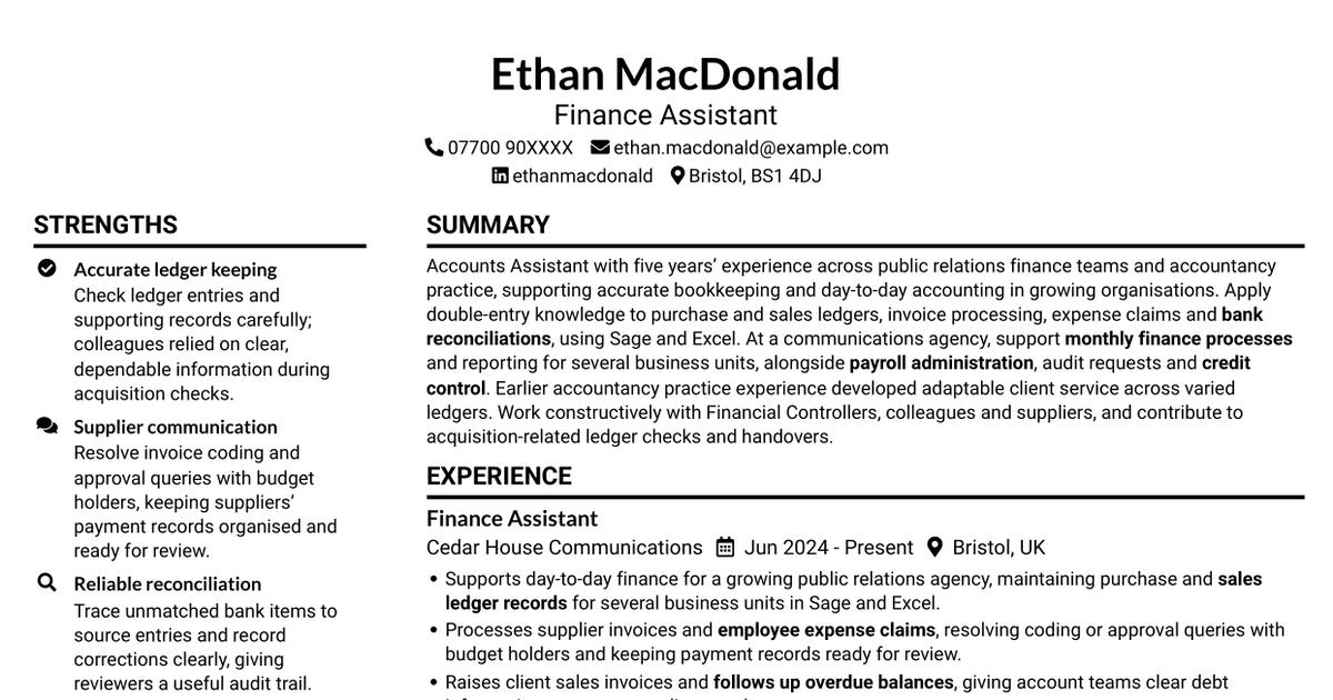 Accounts Assistant - Accounts Payable and Reconciliation CV