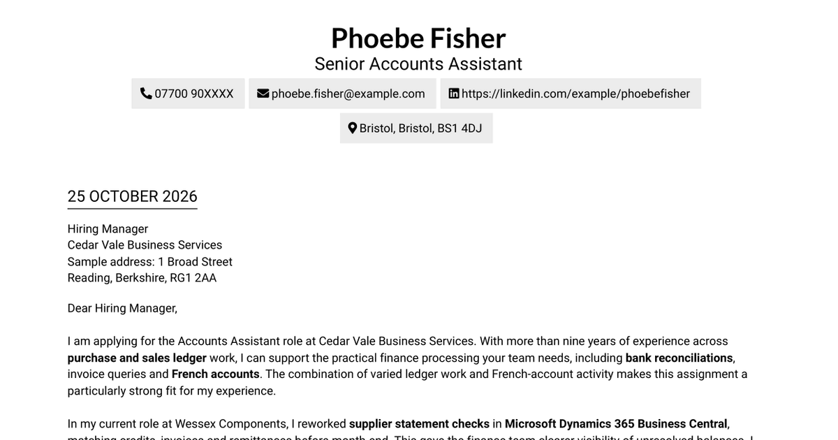 Accounts Assistant - Purchase and Sales Ledger Cover Letter