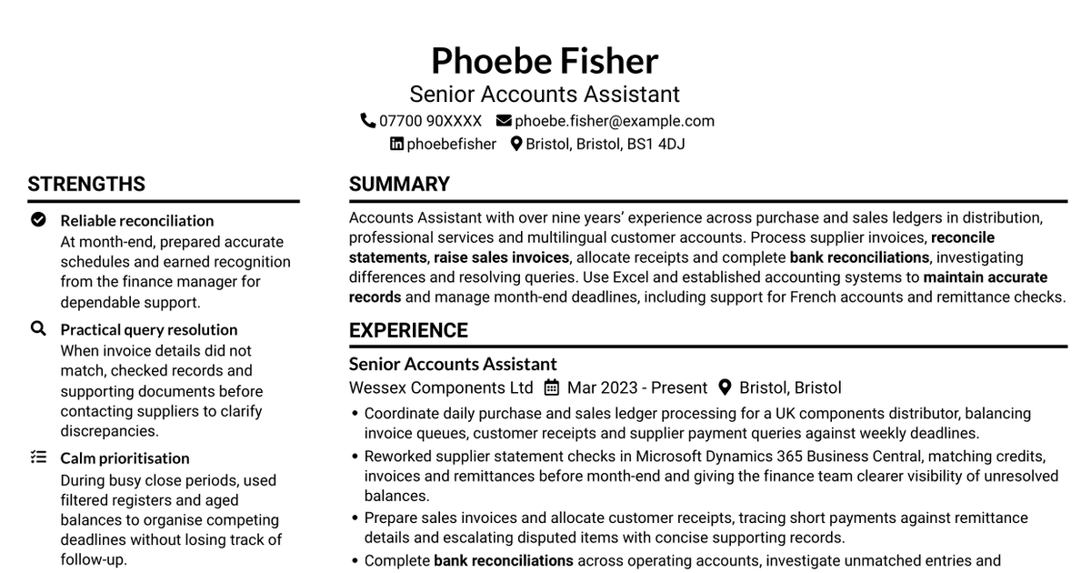 Accounts Assistant - Purchase and Sales Ledger CV