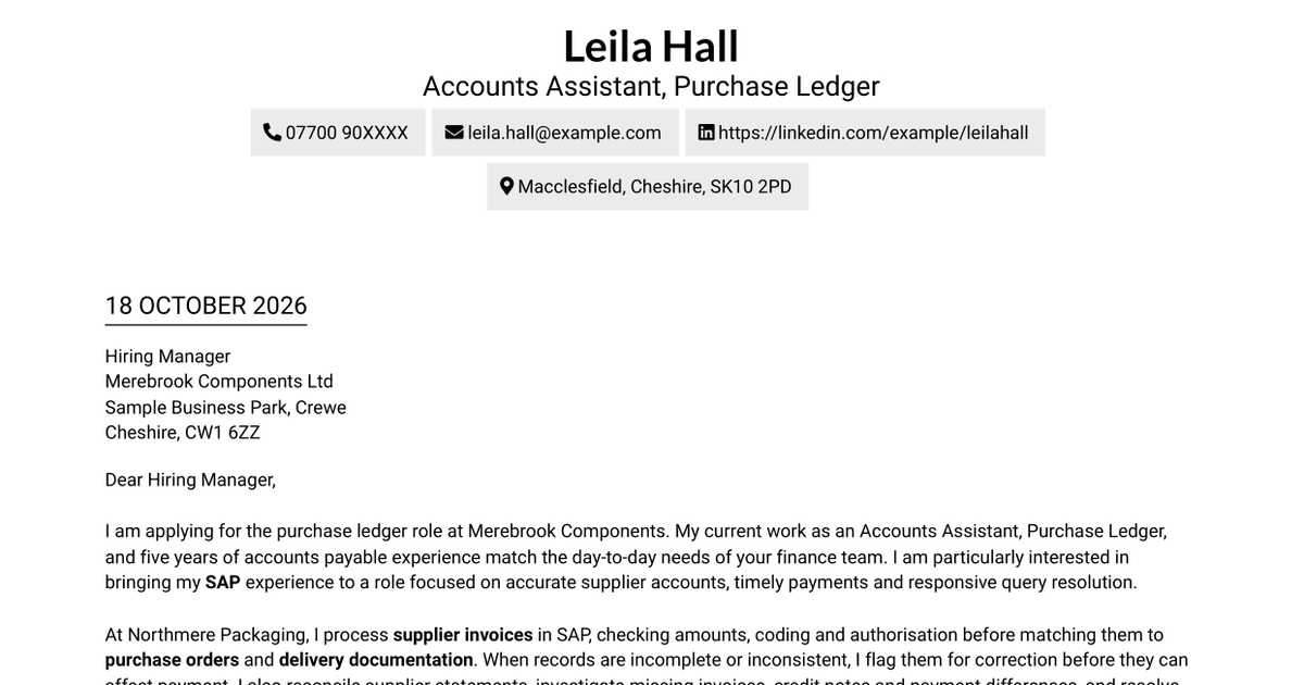 7 Accounts Assistant - Purchase Ledger Cover Letter Templates with Example