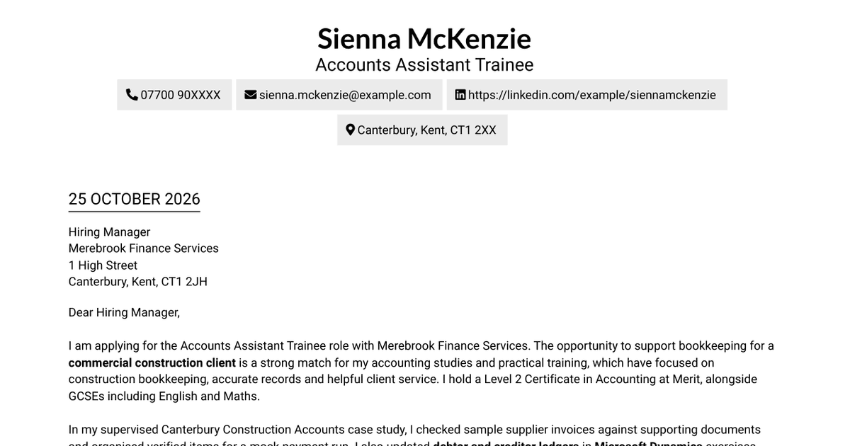 Accounts Assistant Trainee - Construction Bookkeeping Cover Letter