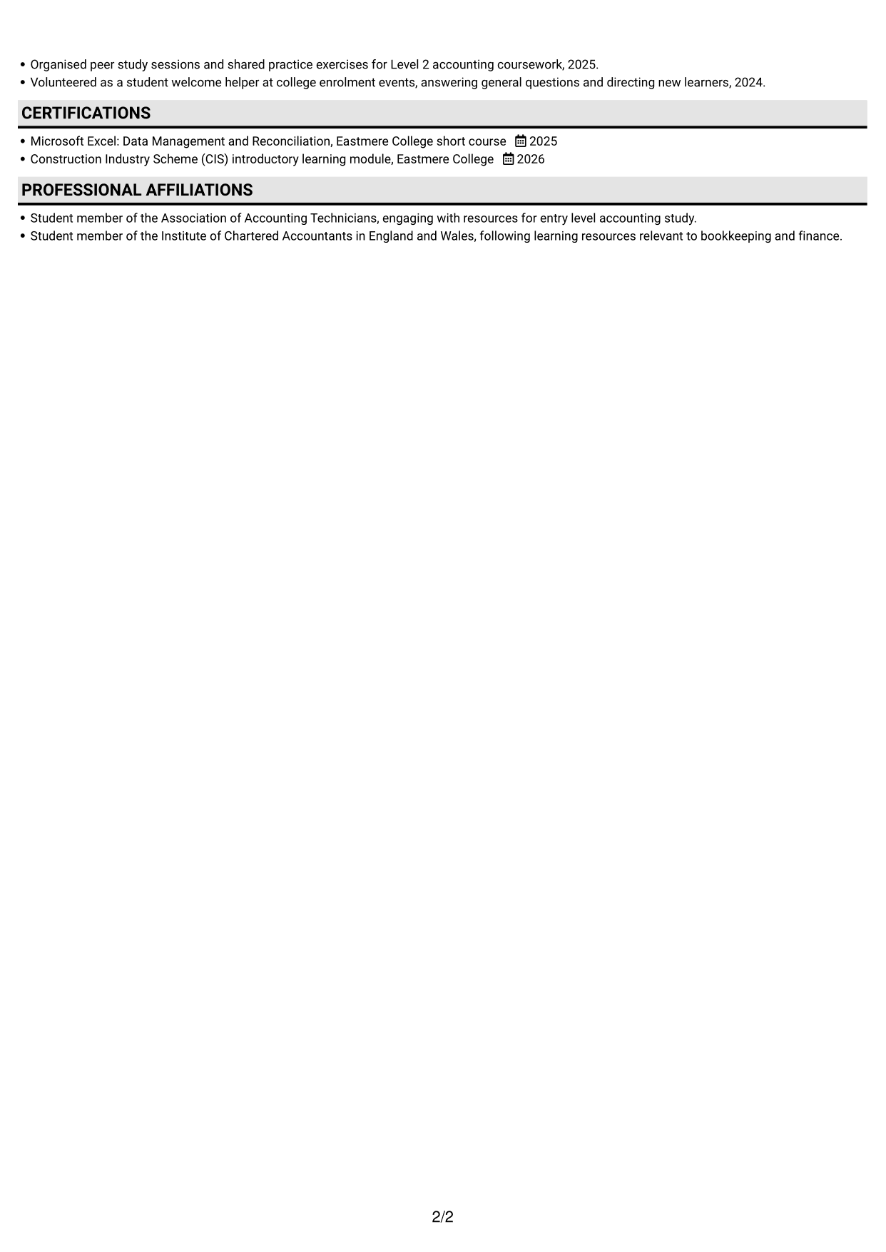 CV example — page 2