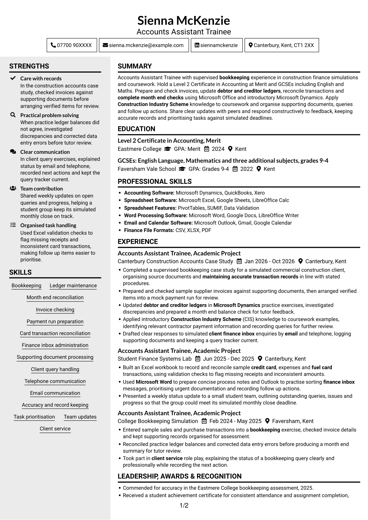 CV example — page 1
