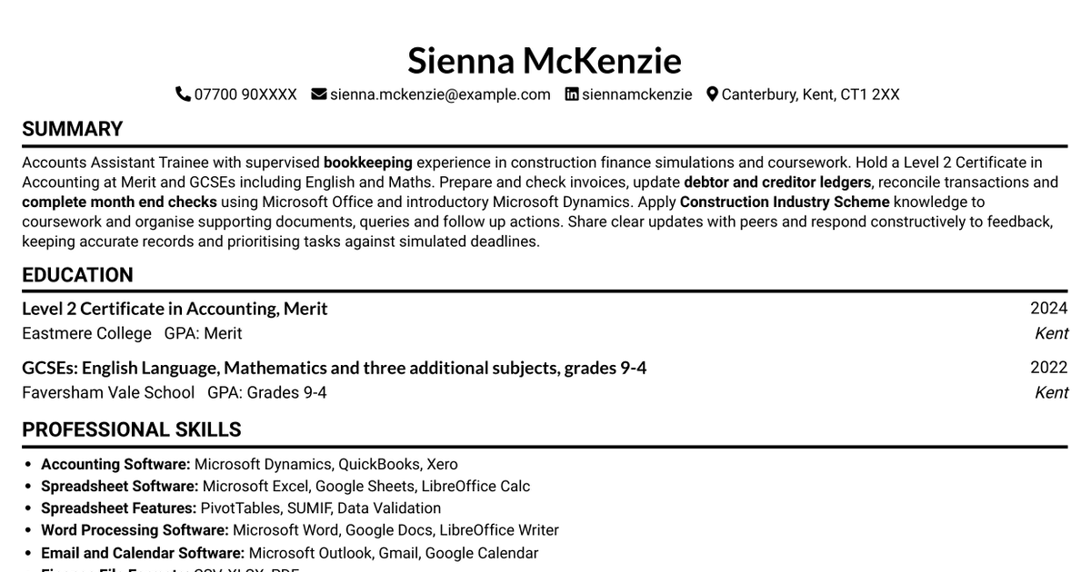 Accounts Assistant Trainee - Construction Bookkeeping CV