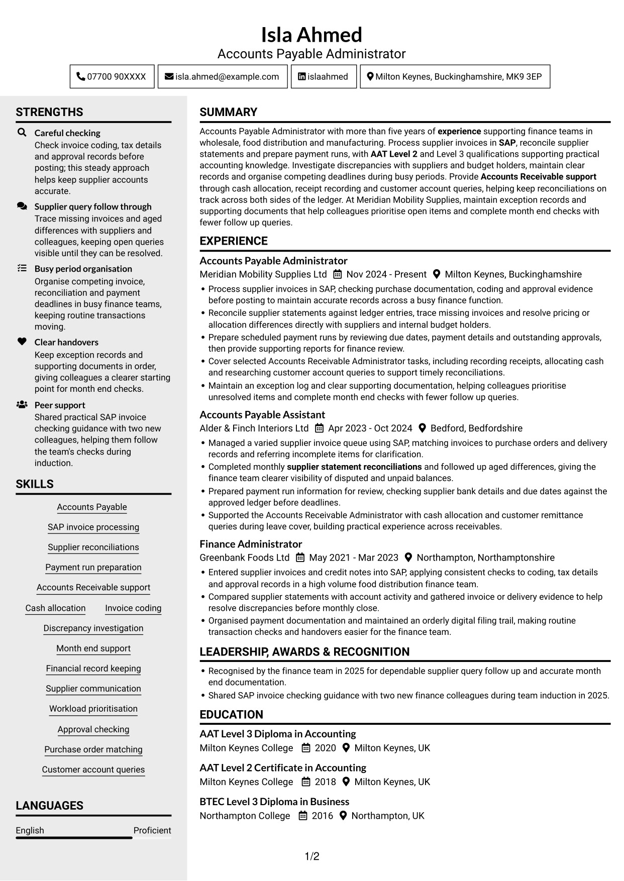 CV example — page 1