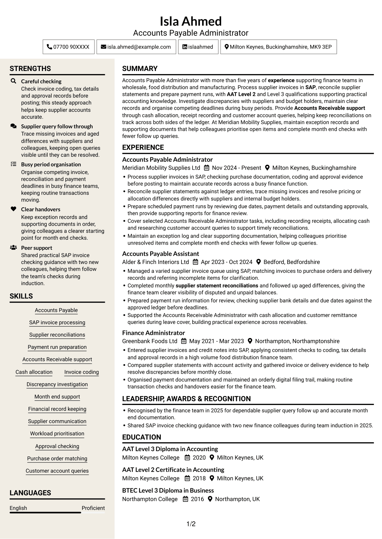 CV example — page 1