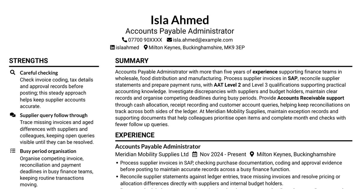 Accounts Payable Administrator - Supplier Payments CV