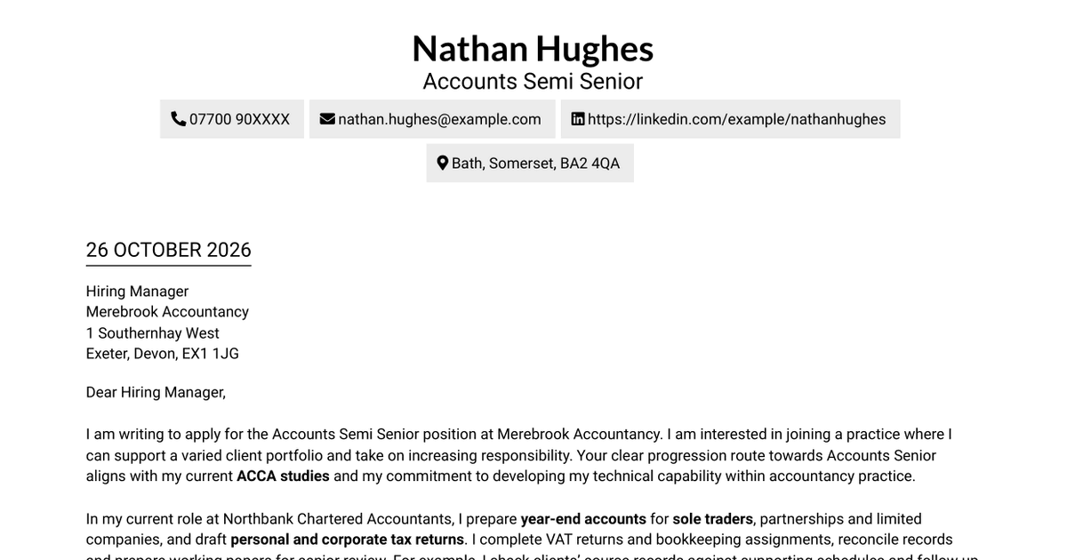Accounts Semi Senior - Accounts Preparation and Tax Cover Letter