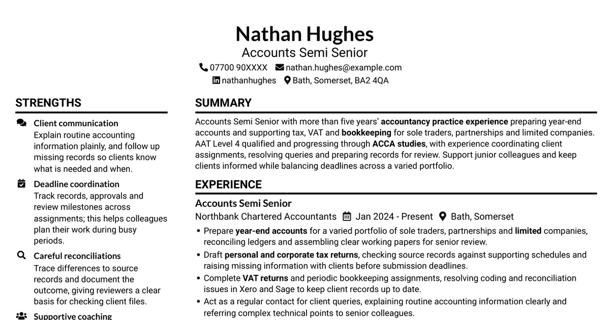 Accounts Semi Senior - Accounts Preparation and Tax CV