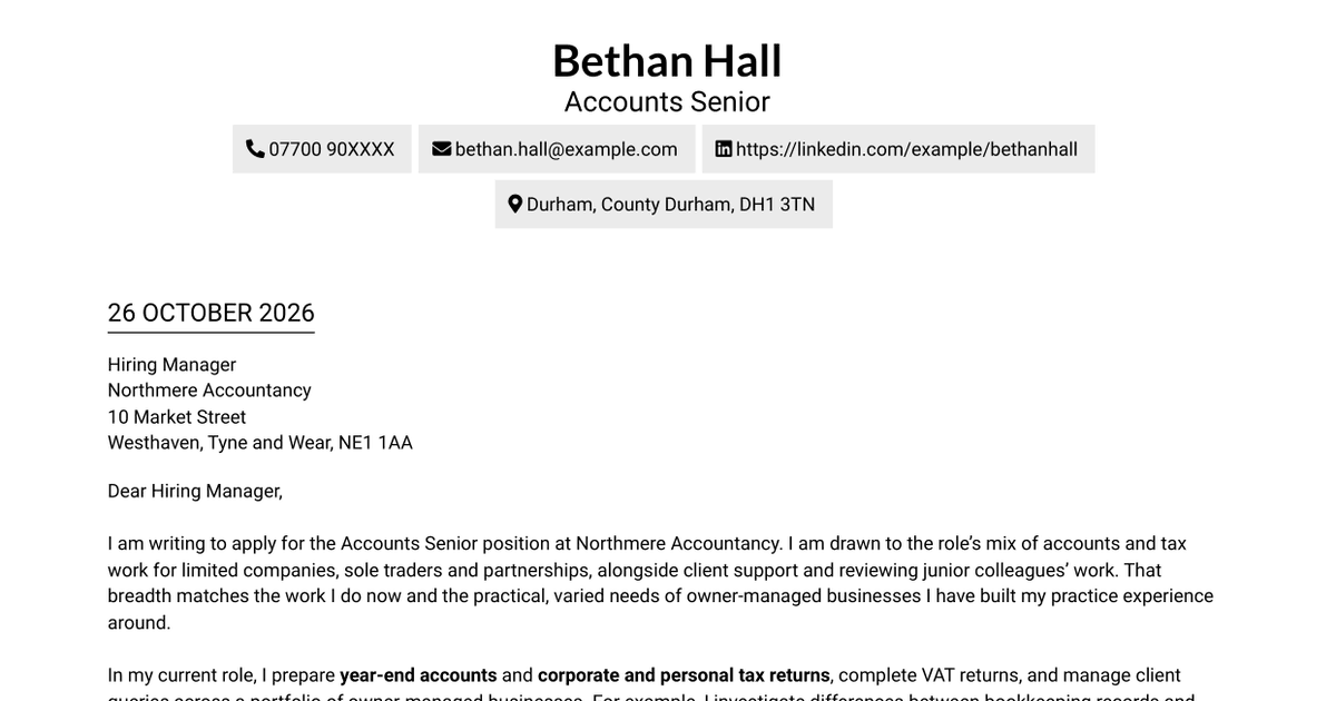 Accounts Senior - Accounts and Tax Cover Letter