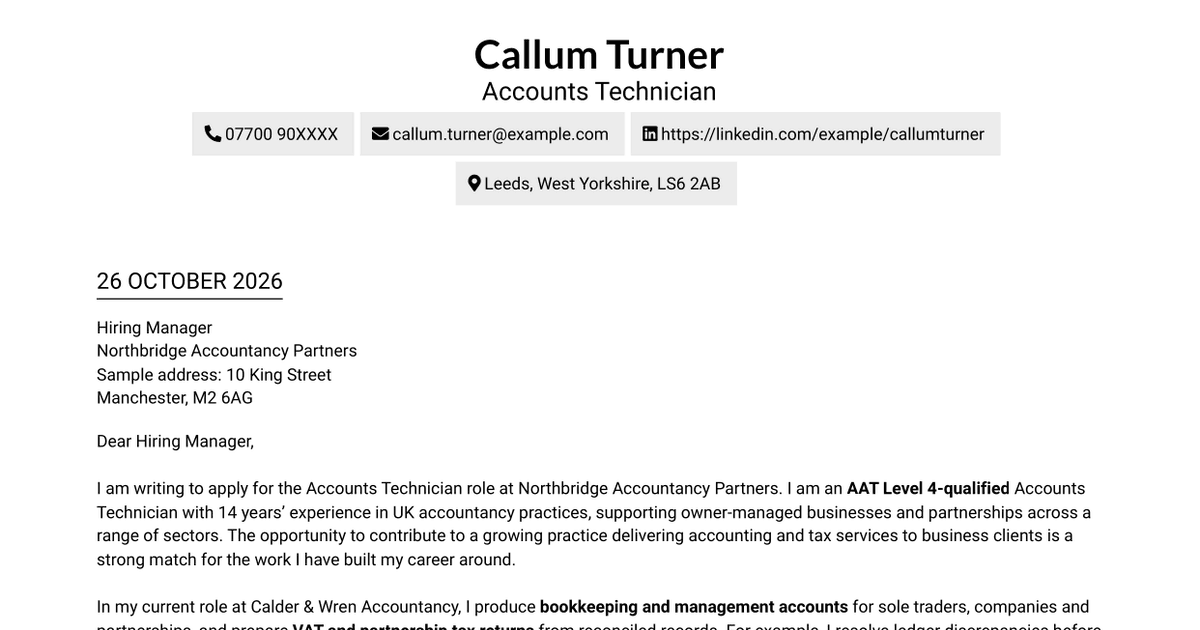 Accounts Technician - Practice Accounts and Tax Cover Letter