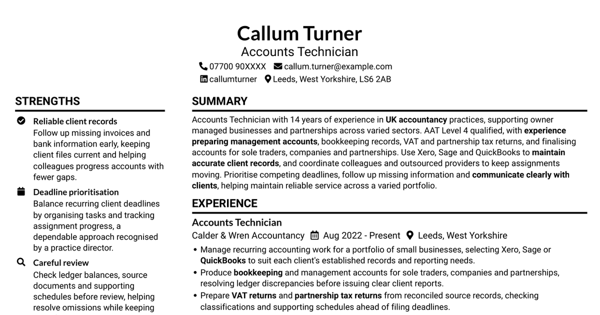 Accounts Technician - Practice Accounts and Tax CV