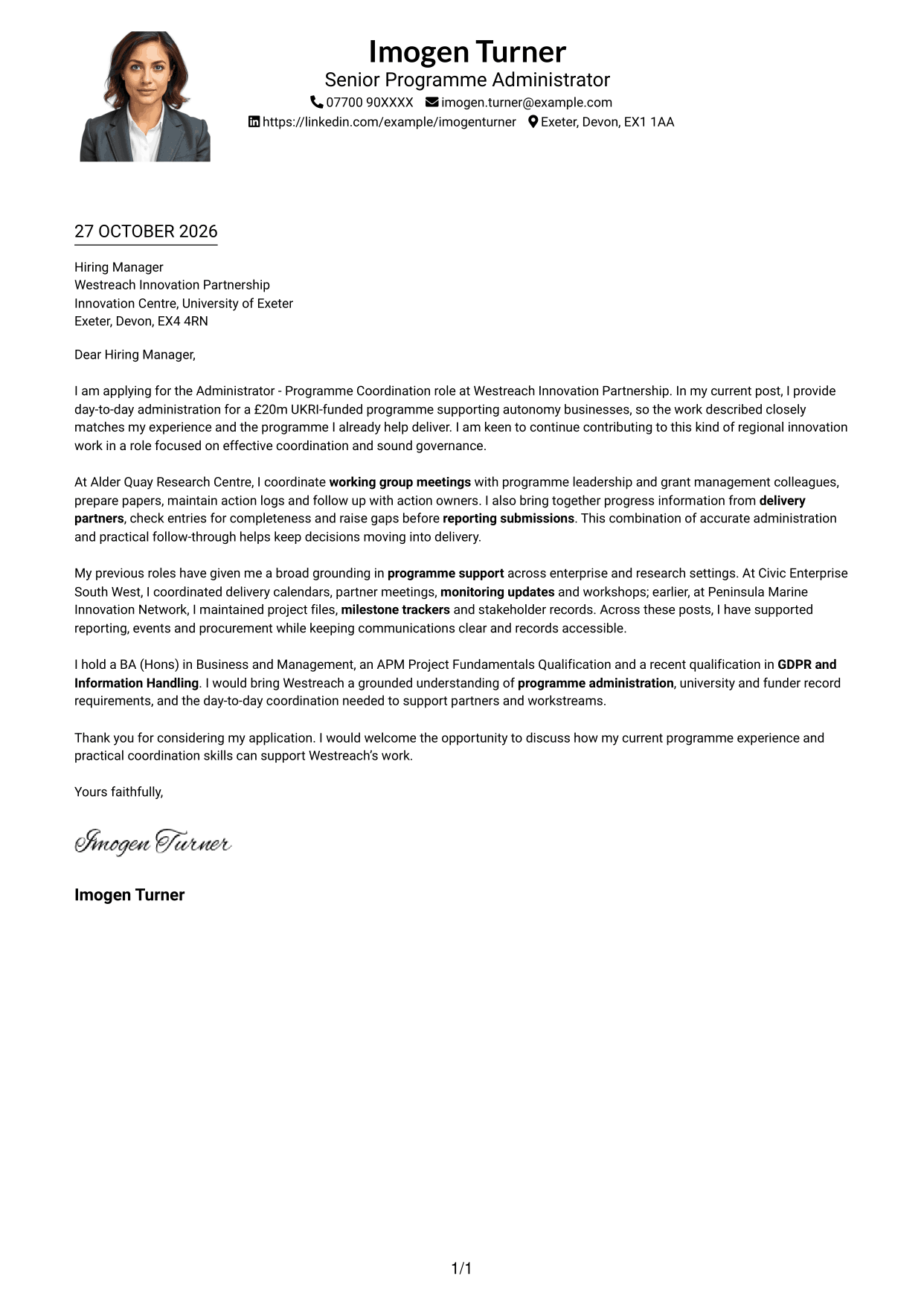 Cover letter example — page 1