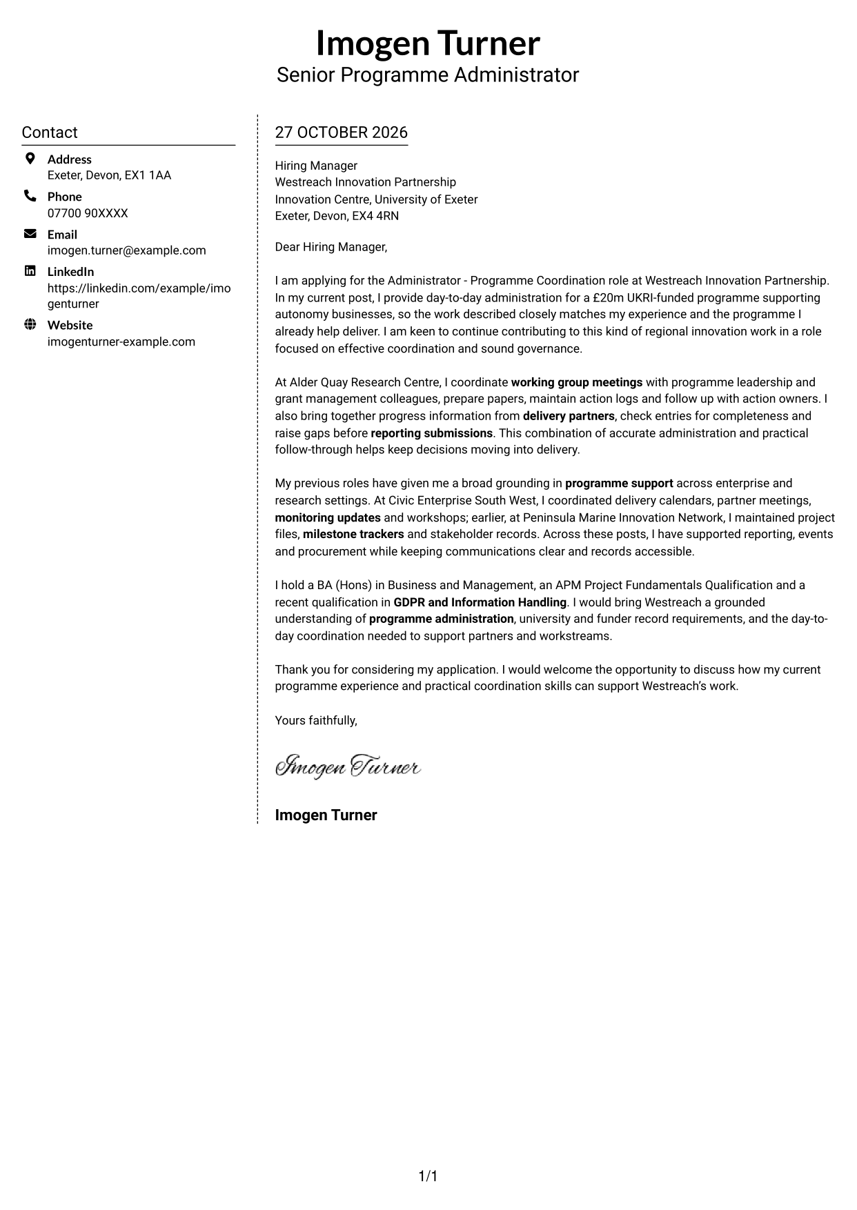 Cover letter example — page 1