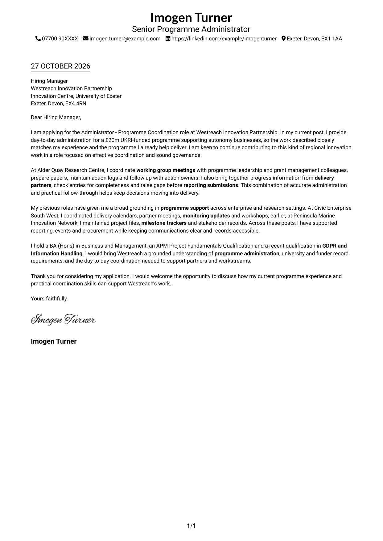 Cover letter example — page 1