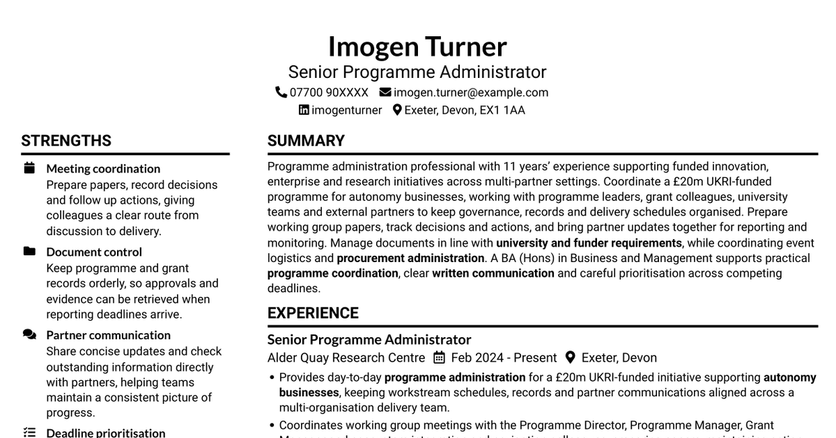 Administrator - Programme Coordination CV