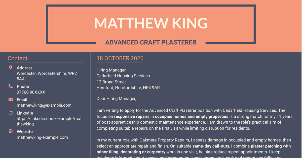 7 Advanced Craft Plasterer Cover Letter Templates with Example