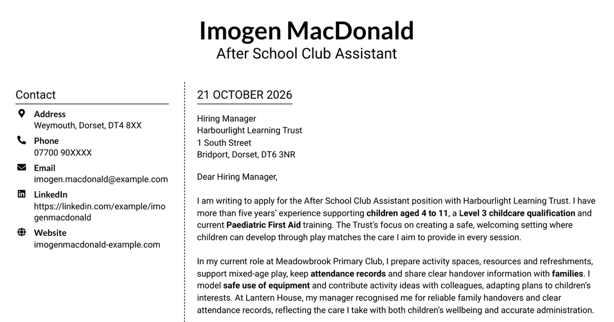7 After School Club Assistant Cover Letter Templates with Example