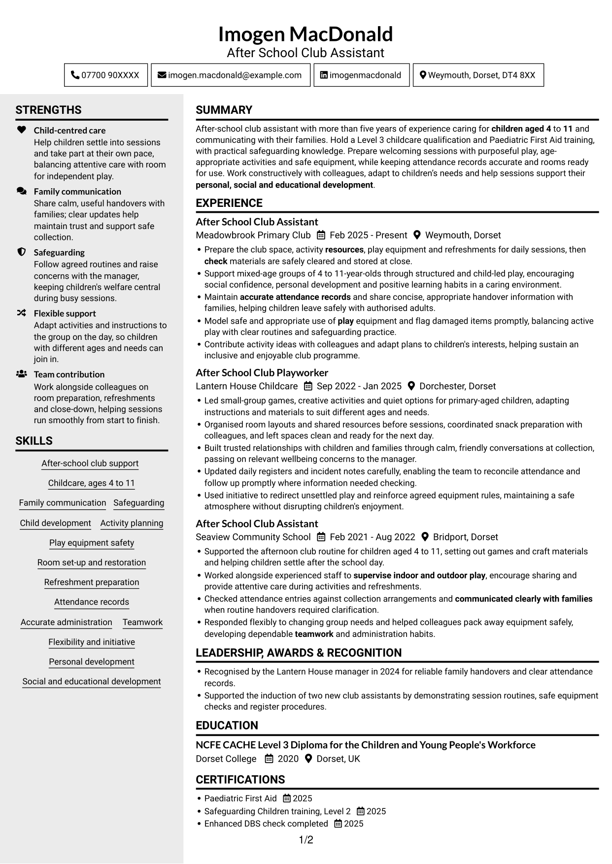 CV example — page 1