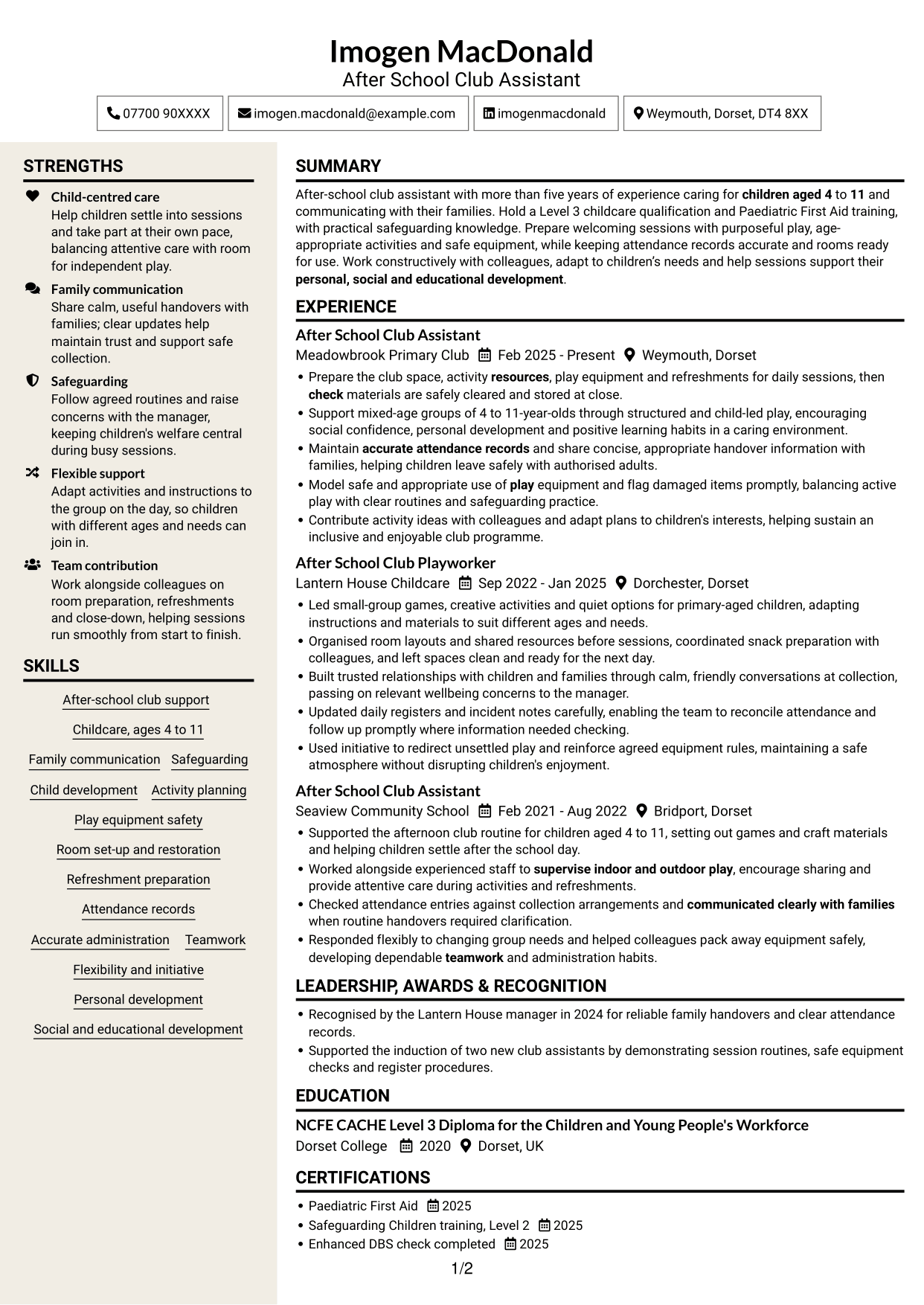 CV example — page 1