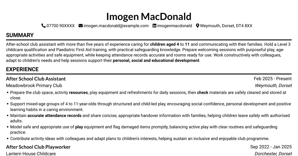 7 After School Club Assistant CV Templates with Example