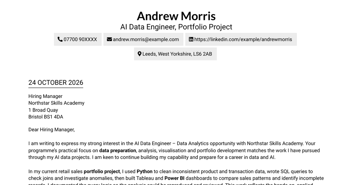 AI Data Engineer - Data Analytics Cover Letter