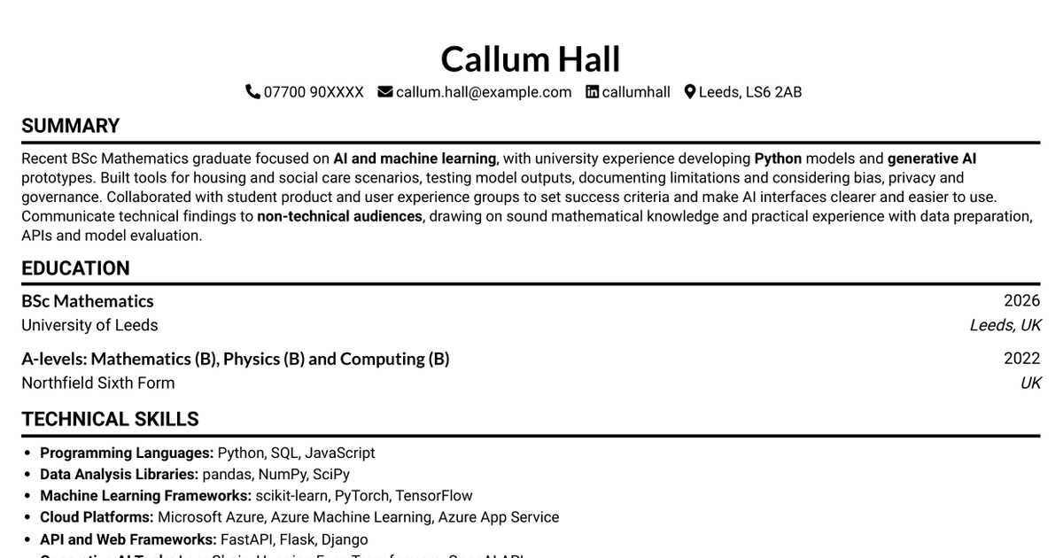 7 AI Engineer Apprentice - Generative AI CV Templates with Example