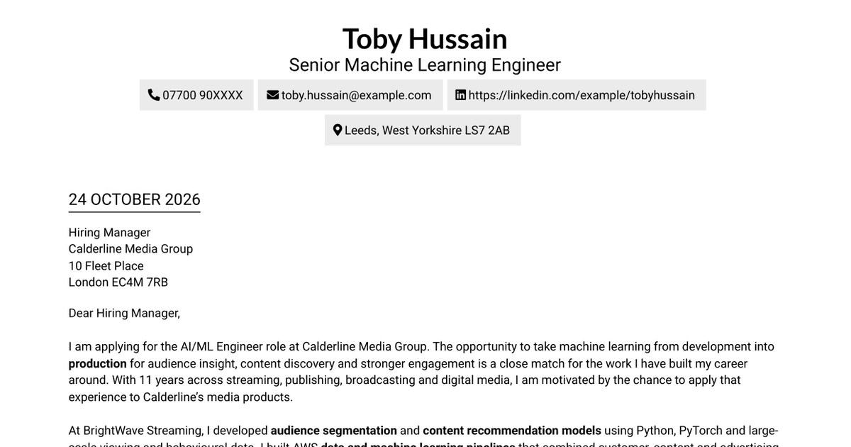 AI/ML Engineer - Media and Audience Intelligence Cover Letter