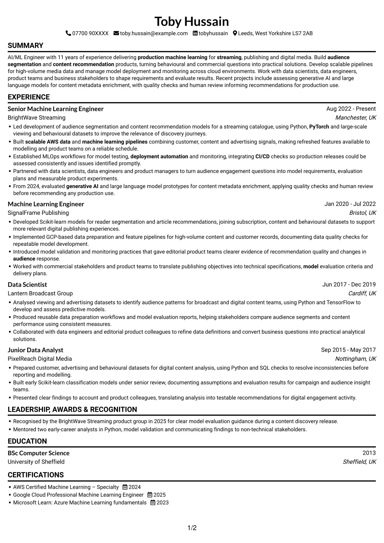 AI/ML Engineer - Media and Audience Intelligence CV, page 1
