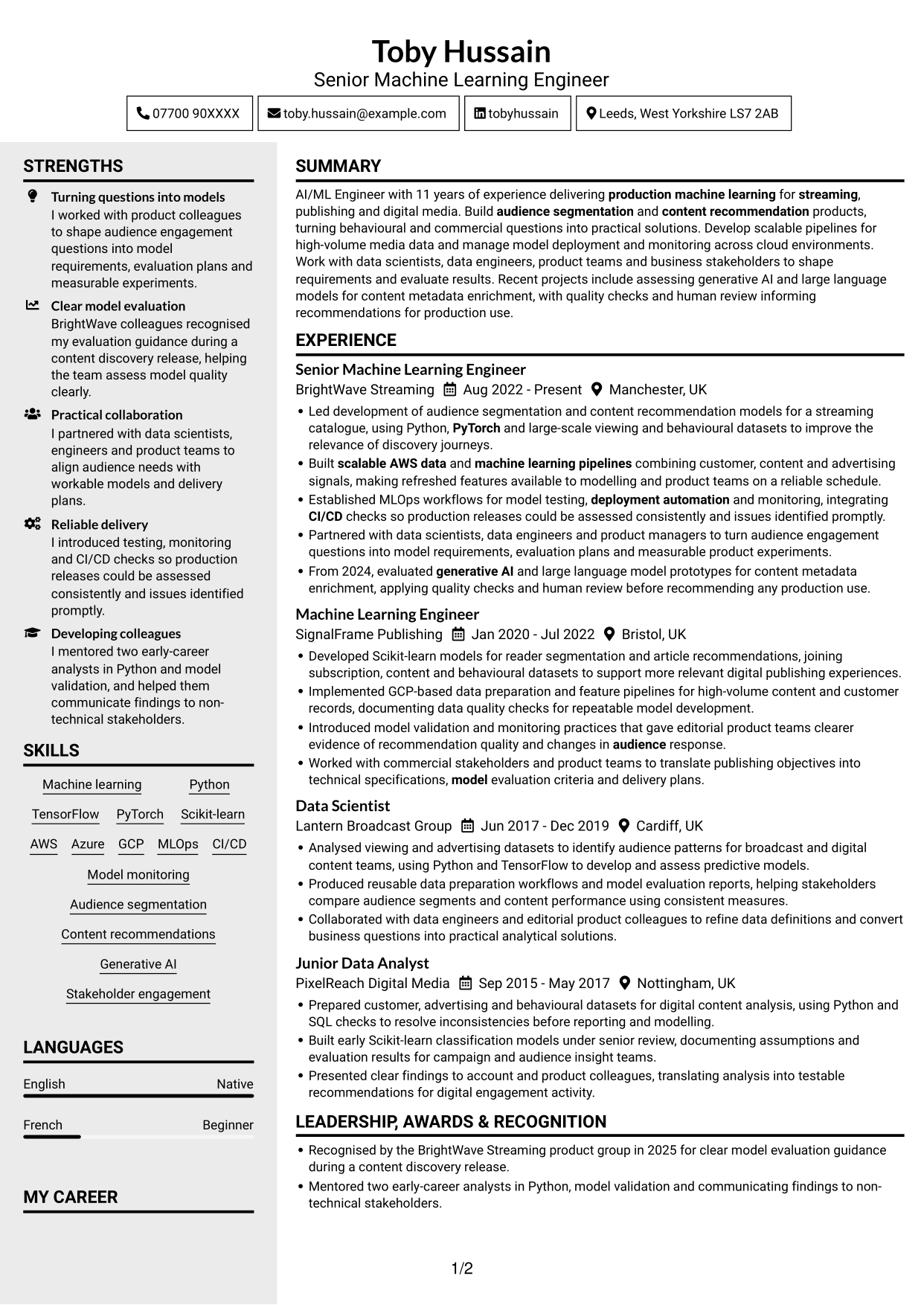 CV example — page 1