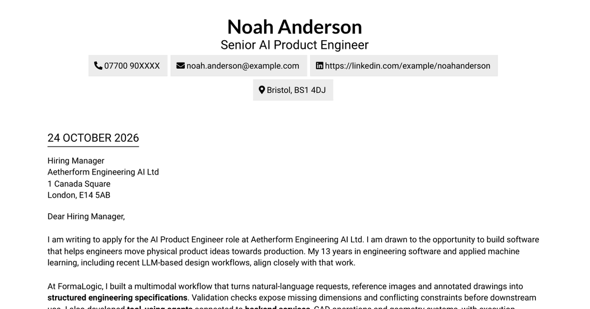 AI Product Engineer - AI/Hardware/Manufacturing Cover Letter