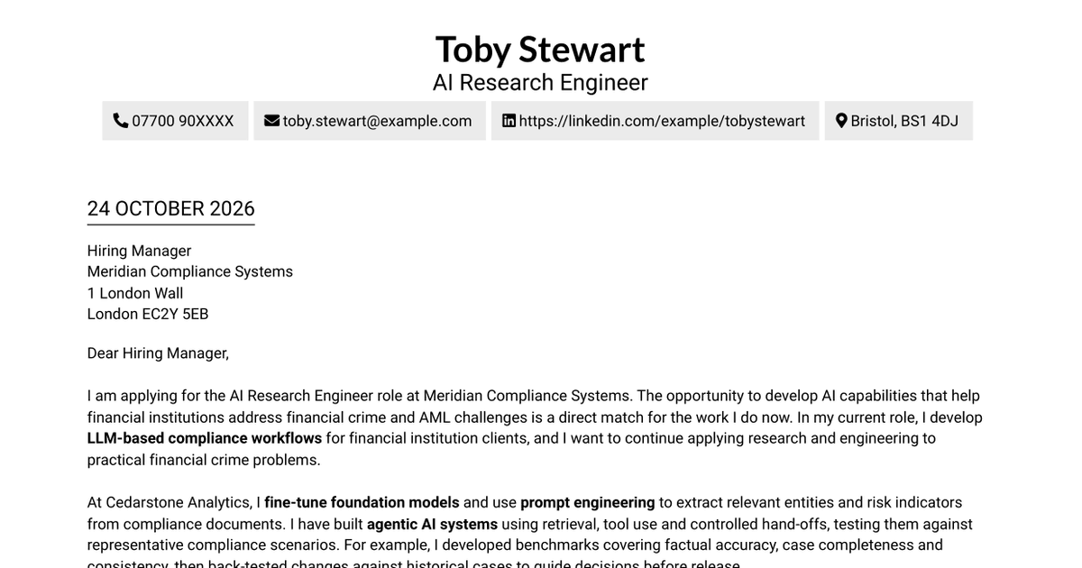 AI Research Engineer - Financial Crime Compliance Cover Letter