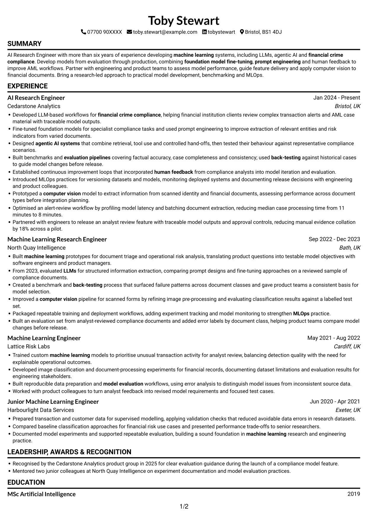 AI Research Engineer - Financial Crime Compliance CV, page 1