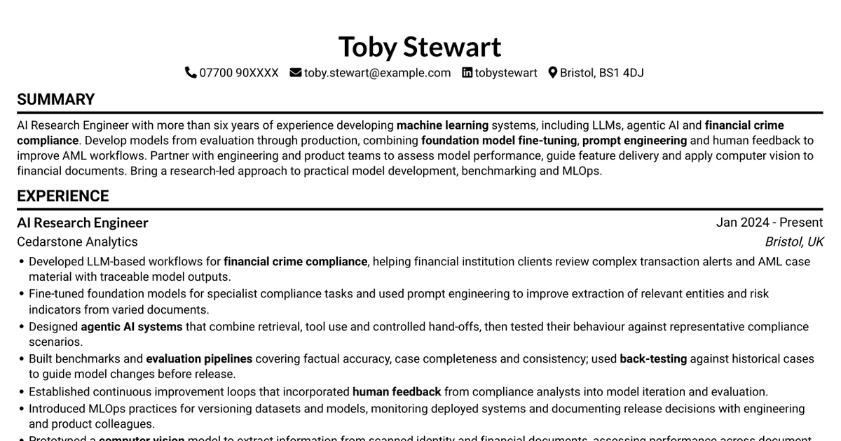 AI Research Engineer - Financial Crime Compliance CV