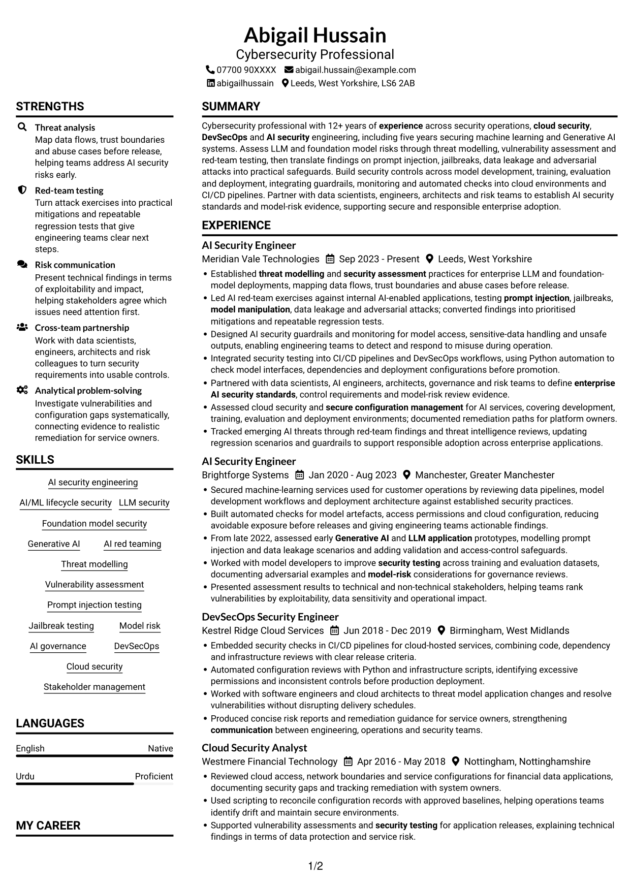 CV example — page 1