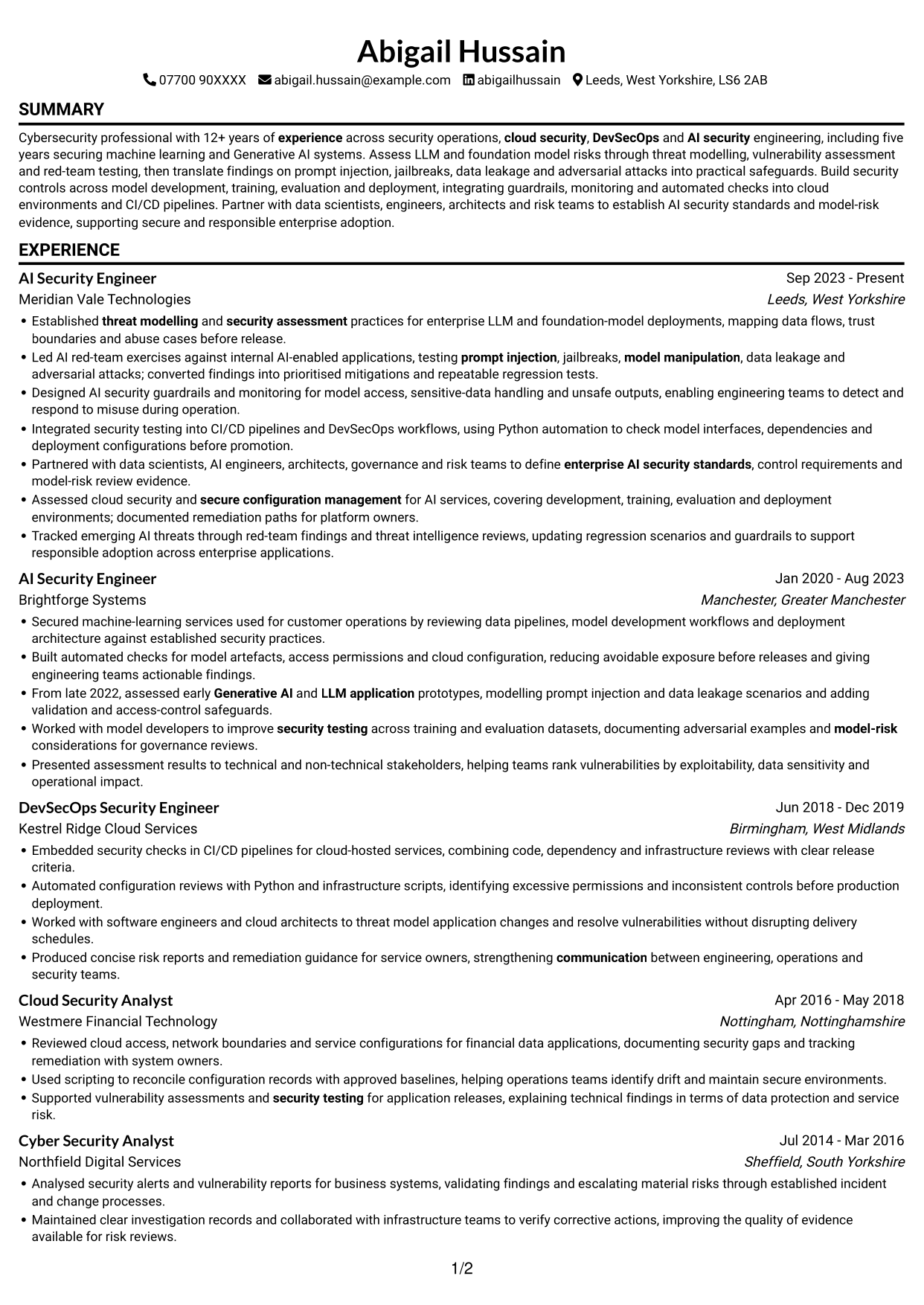 CV example — page 1