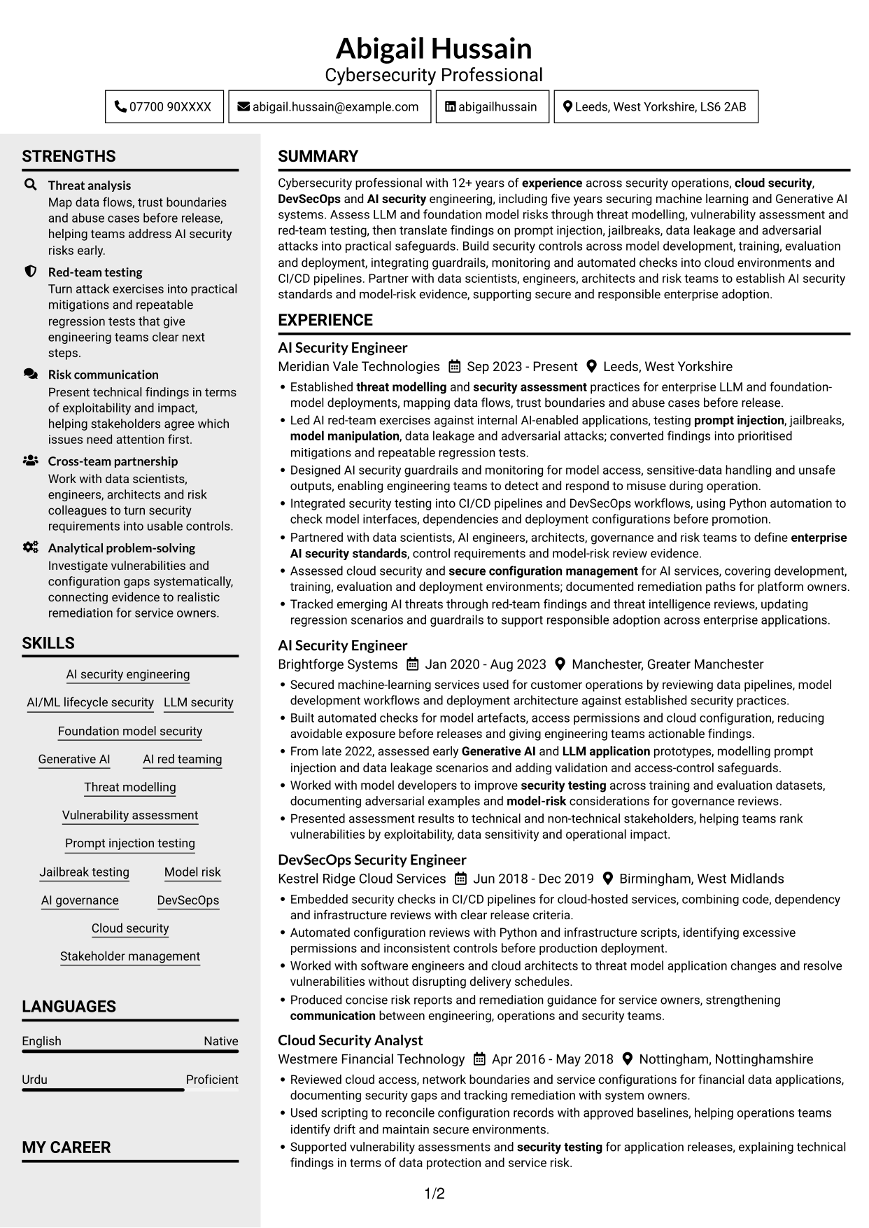 CV example — page 1
