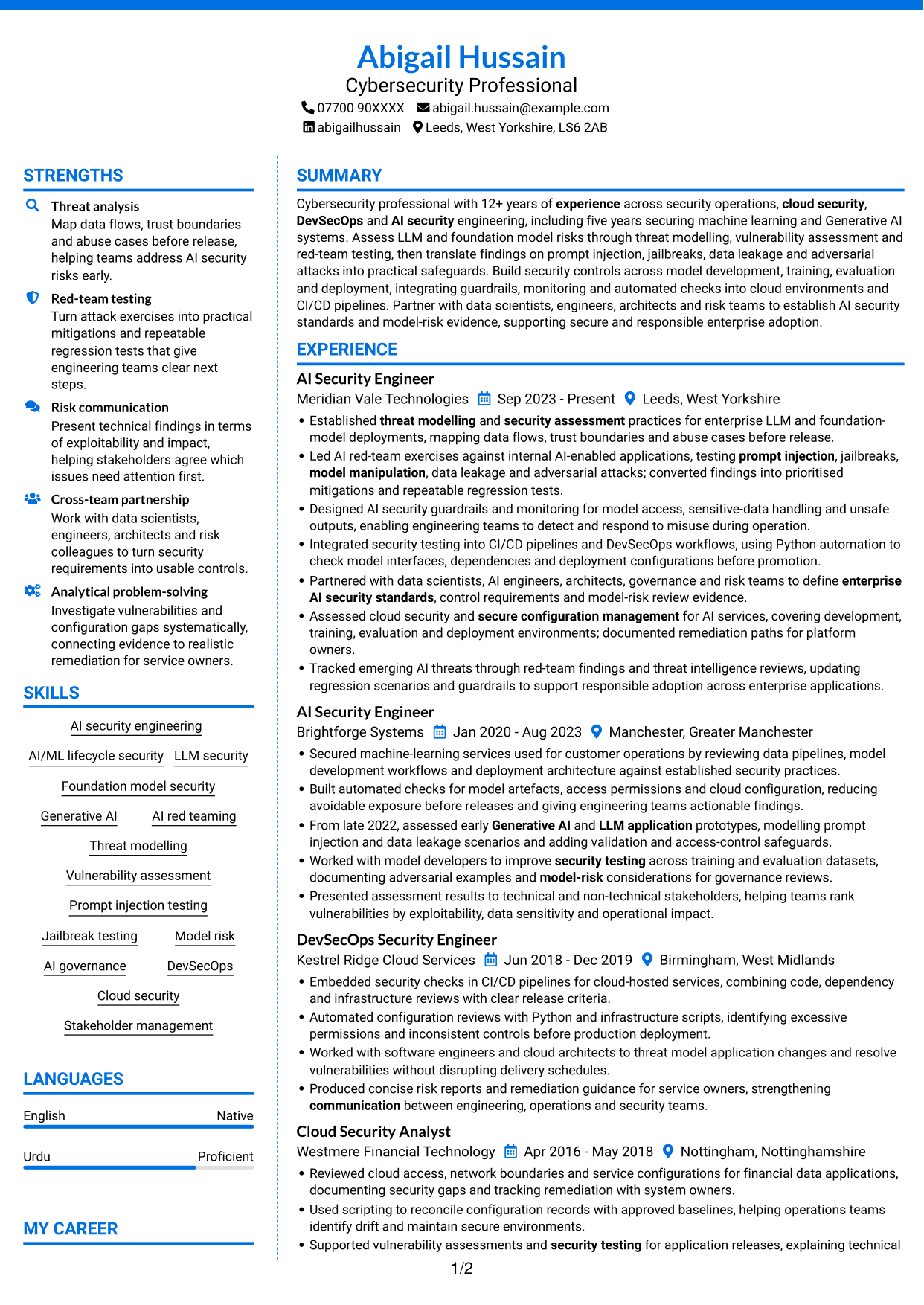 CV example — page 1