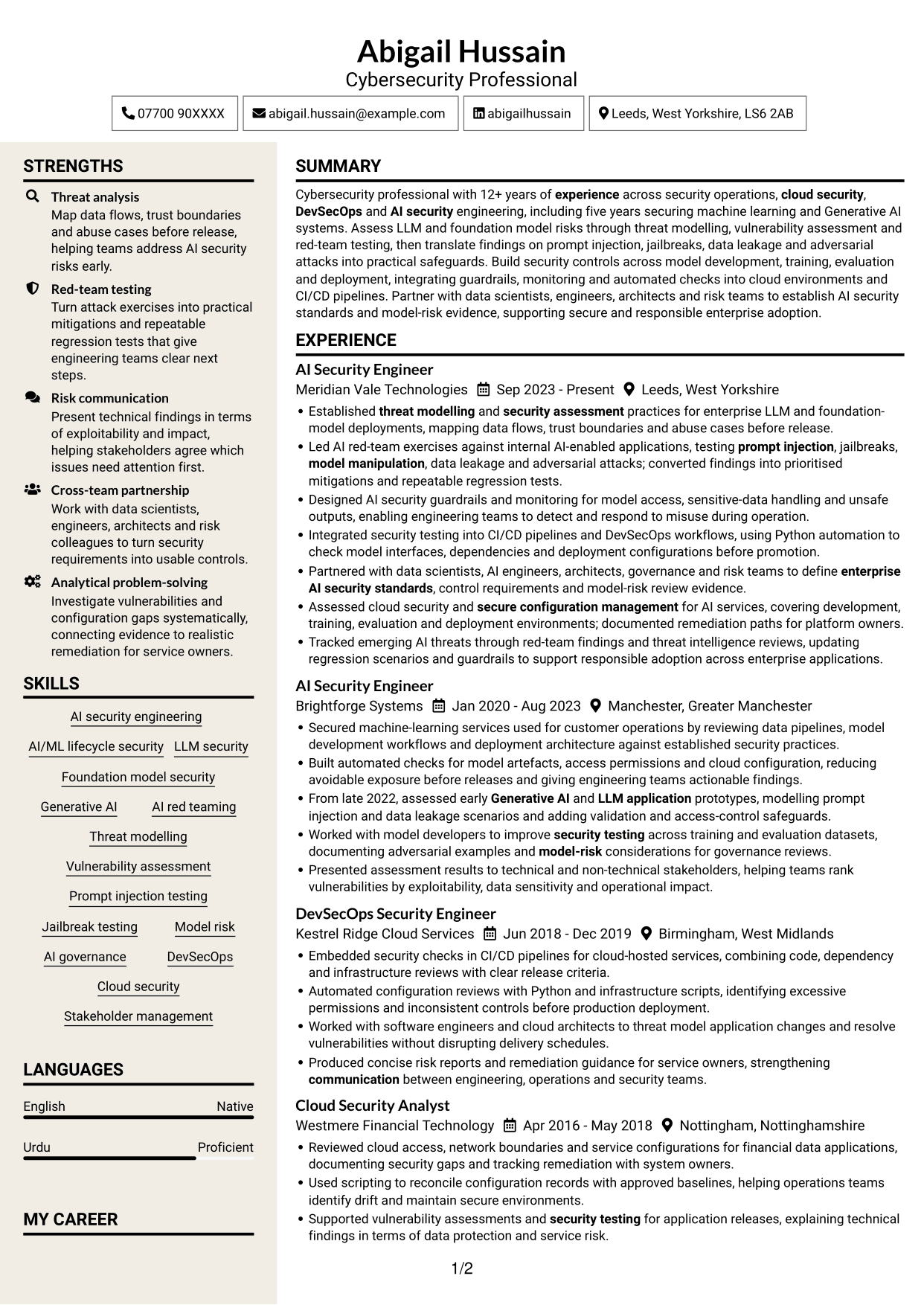 CV example — page 1