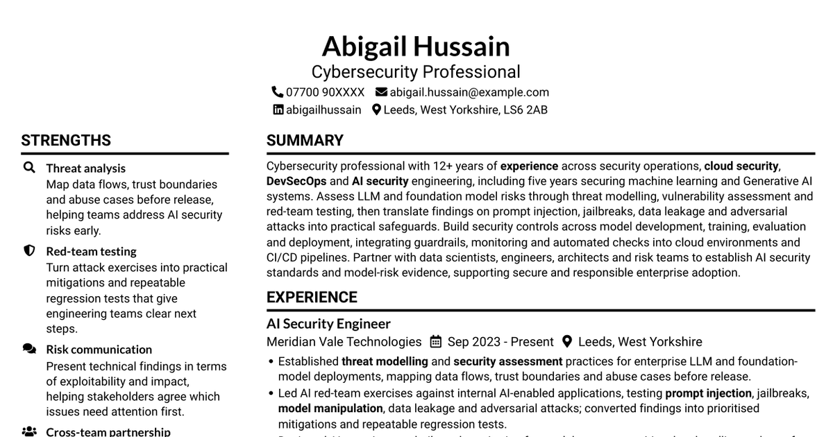 7 AI Security Engineer CV Templates with Example